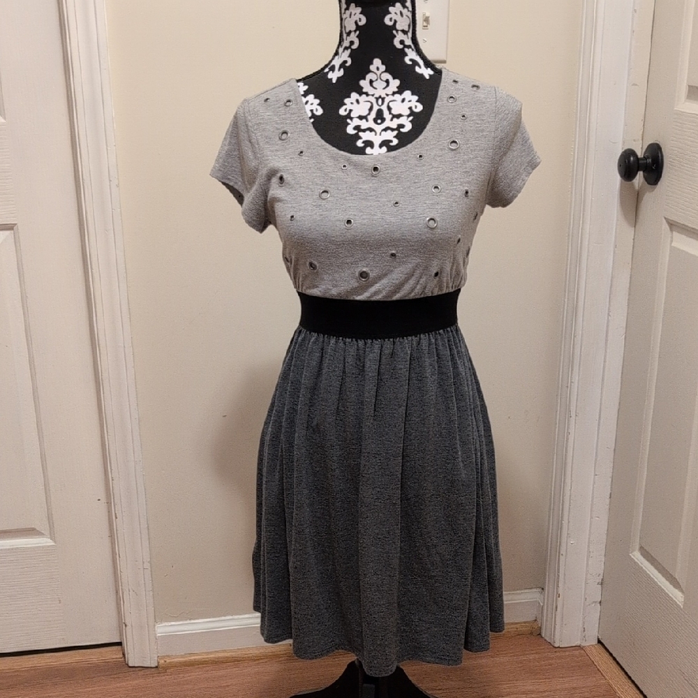 Disorderly Kids Girls Gray Elastic Waistline Dress W/ Metal Accents, Size 16